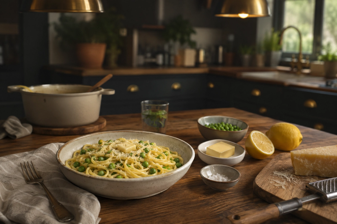 A bowl of buttered pasta with peas and lemon on a wooden kitchen bench, with butter, salt, parmesan and a lemon nearby in a warm, dimly lit kitchen.