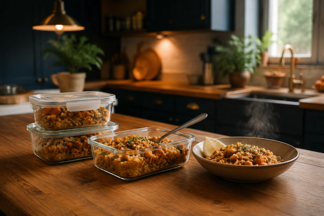 Two glass containers of roasted pumpkin, chickpeas and rice on a timber kitchen bench beside a warm bowl of the same meal