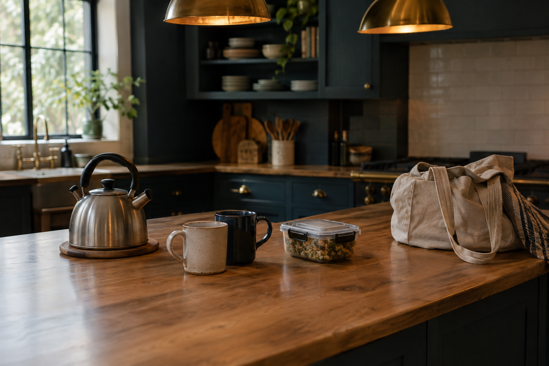 An unfamiliar kitchen bench holding a kettle, two mismatched mugs and a packed food container beside a canvas bag