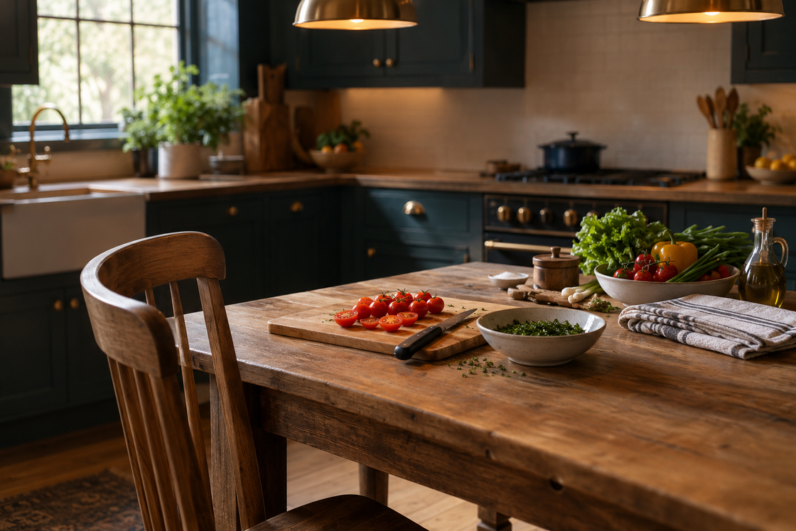 A timber kitchen table set up as a seated prep station, with a chopping board, halved cherry tomatoes, a bowl of herbs and a tea towel all within arm's reach of a pulled-up chair