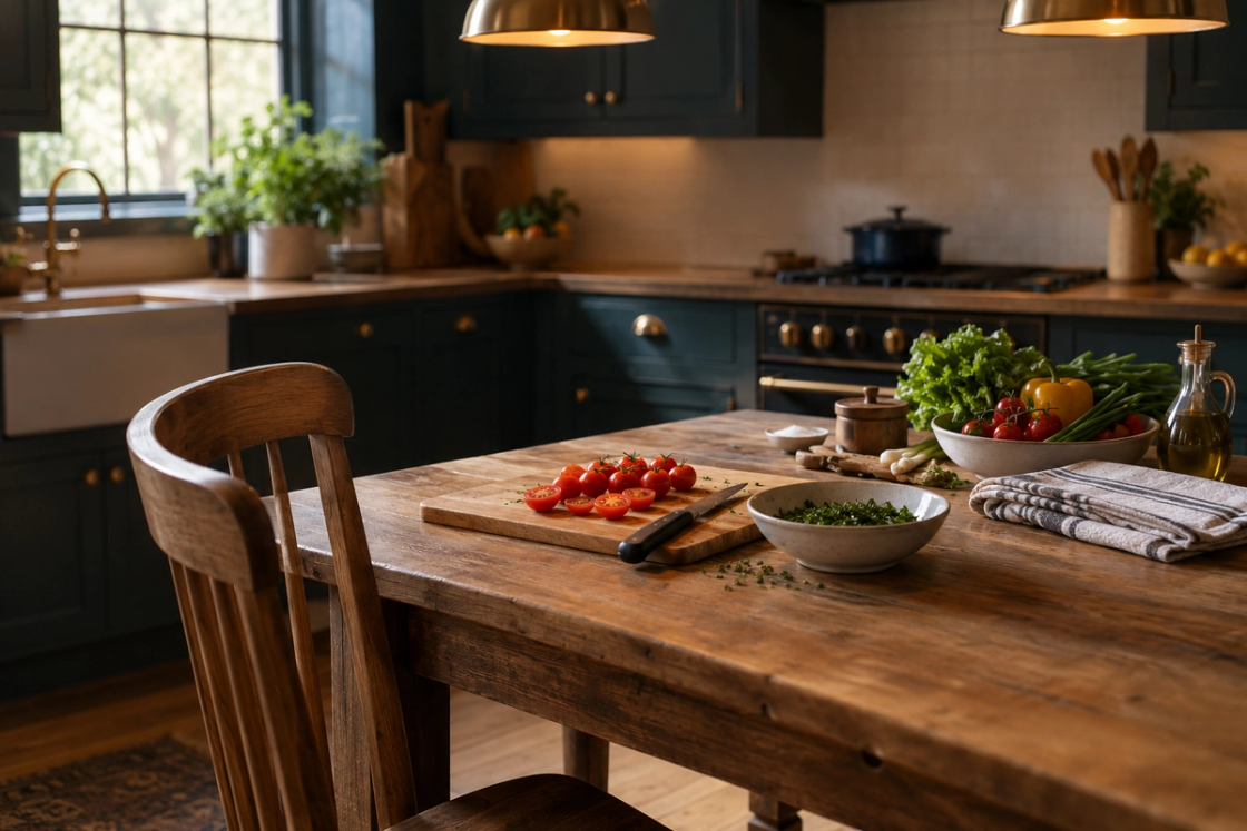 A timber kitchen table set up as a seated prep station, with a chopping board, halved cherry tomatoes, a bowl of herbs and a tea towel all within arm's reach of a pulled-up chair