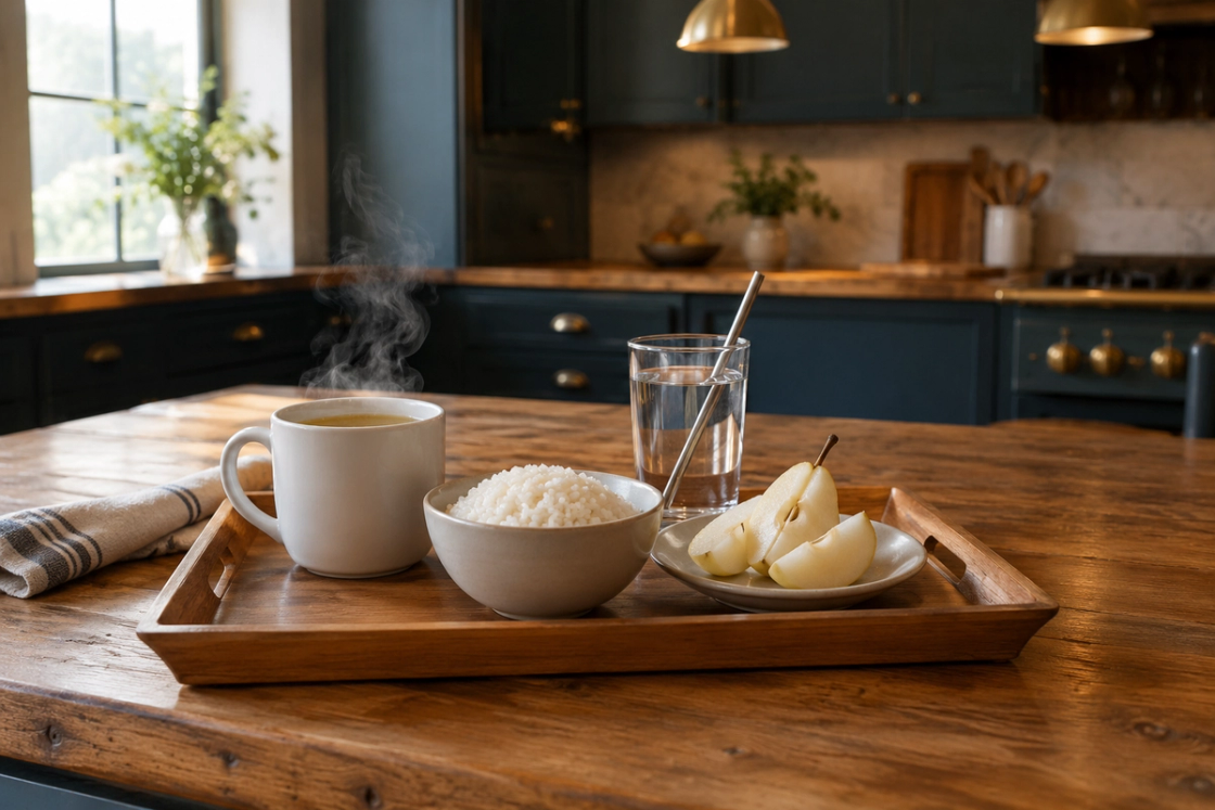 A quiet sick-day tray on a timber bench: a mug of clear broth, a small bowl of plain rice, quartered pear on a saucer and a glass of water