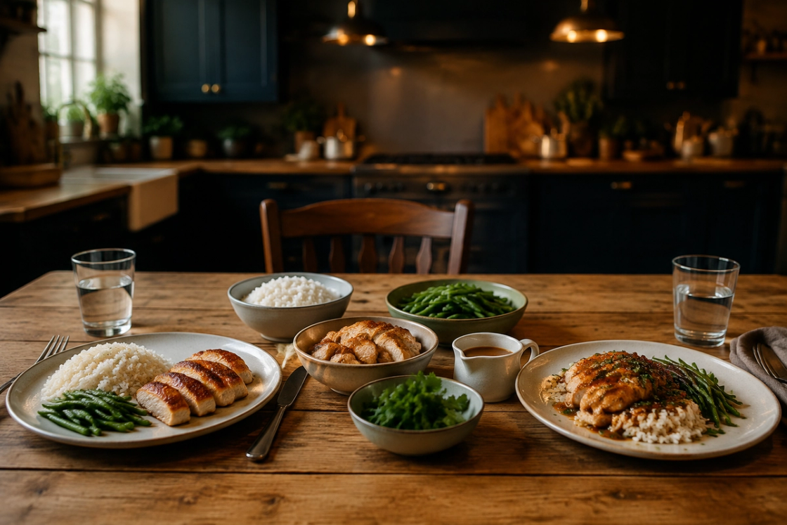 A timber dinner table set for two, with rice, roasted chicken, green beans, sauce and herbs served in separate small bowls in the middle so each plate can be built differently