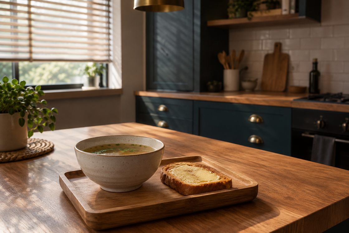 A mug of clear broth and a slice of plain buttered toast on a small timber tray in a dimly lit kitchen