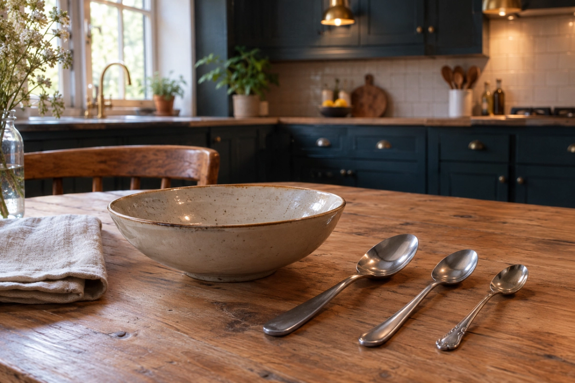 Three different-sized metal spoons beside a speckled ceramic bowl and folded linen on a wooden kitchen table.