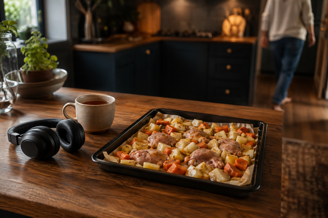 A lined baking tray of chopped potato, carrot and chicken sits ready on a timber bench beside headphones and a mug of tea, with someone moving out of focus at the far end of the kitchen