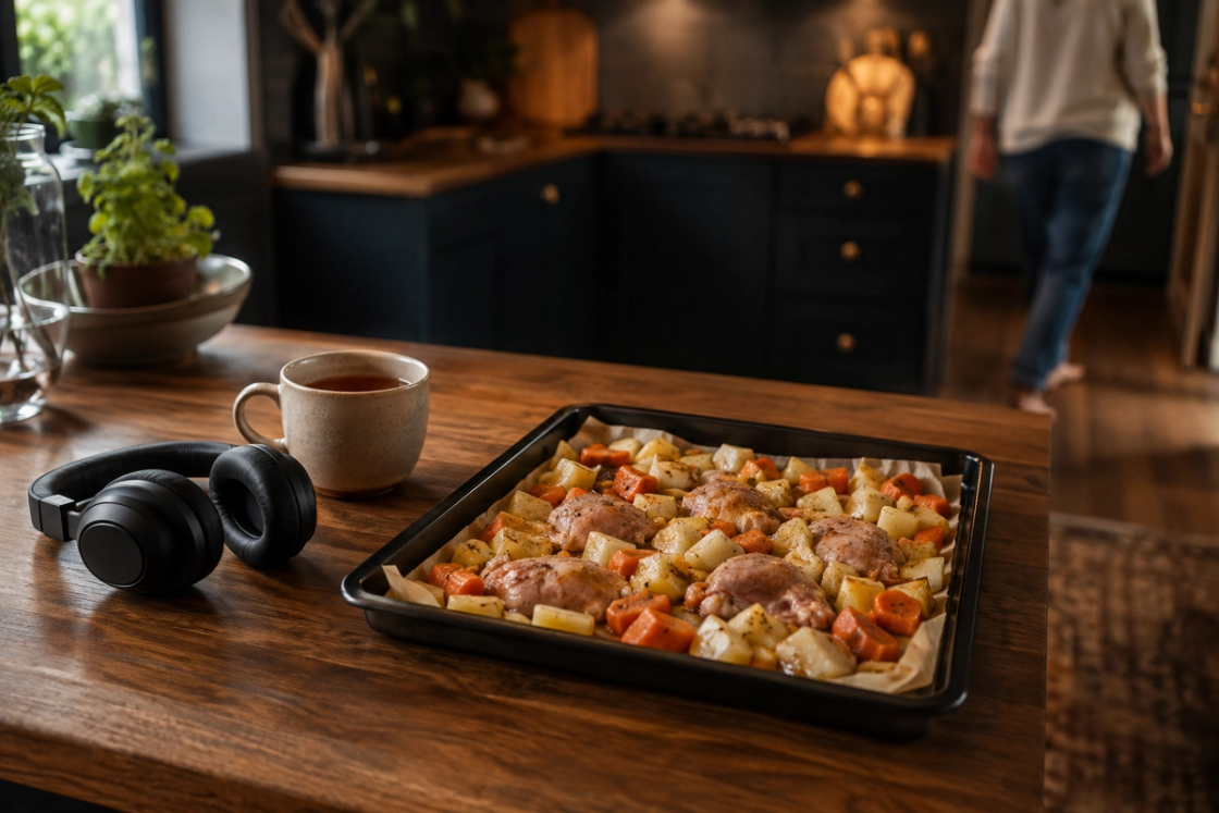 A lined baking tray of chopped potato, carrot and chicken sits ready on a timber bench beside headphones and a mug of tea, with someone moving out of focus at the far end of the kitchen