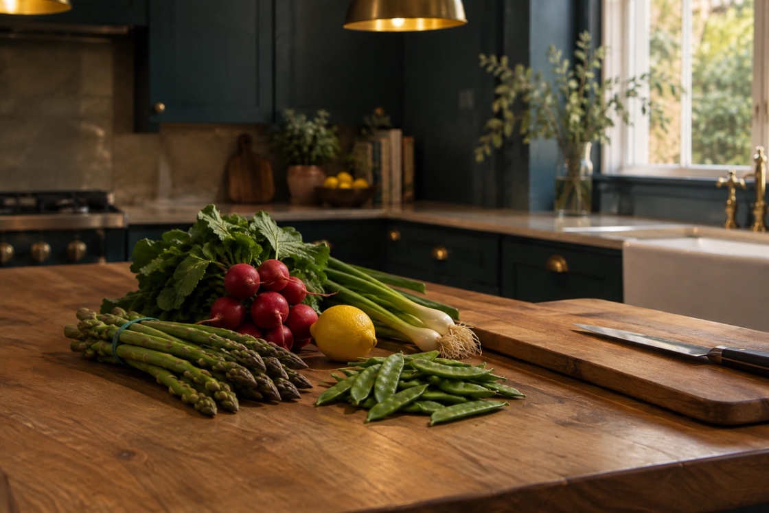 A loose pile of spring produce on a timber bench — asparagus, radishes with their leaves, spring onions, a lemon and snow peas, beside a wooden board and a knife