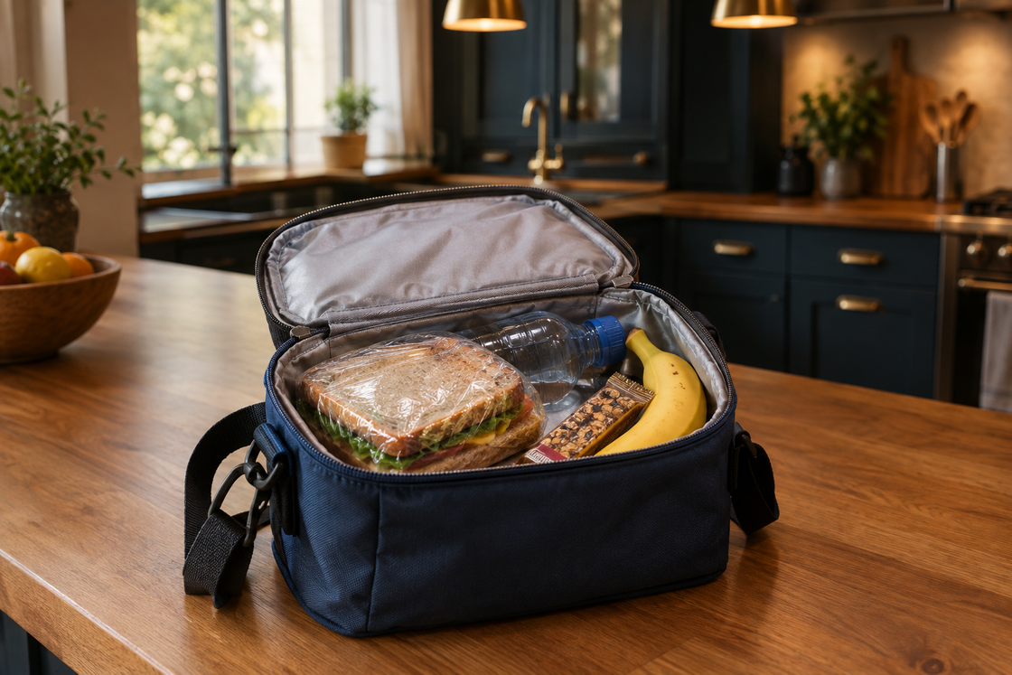 An open insulated cooler bag on a timber bench packed with a wrapped sandwich, a water bottle, a banana and a muesli bar