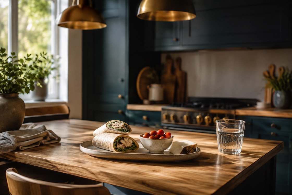 A wrap cut in half on a plate with a small bowl of cherry tomatoes, a wedge of cheese and a glass of water on a timber kitchen bench in midday light