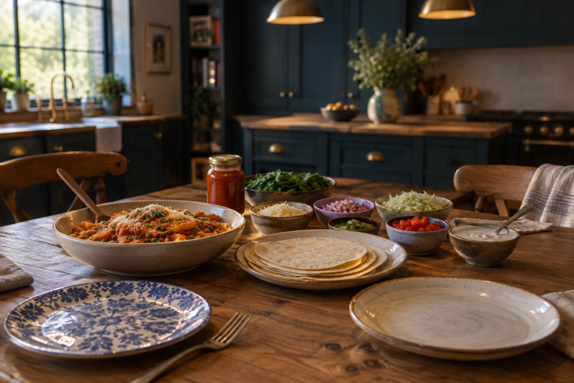 A family dinner table set with a bowl of pasta and peas, a stack of soft wraps and small bowls of fillings to build your own