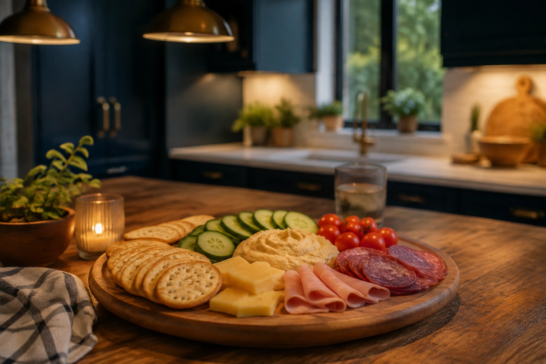 A wooden board of no-cook dinner food: crackers, sliced cheese, cucumber, hummus, cherry tomatoes and cold cuts, on a kitchen counter with a candle and glass of water nearby.