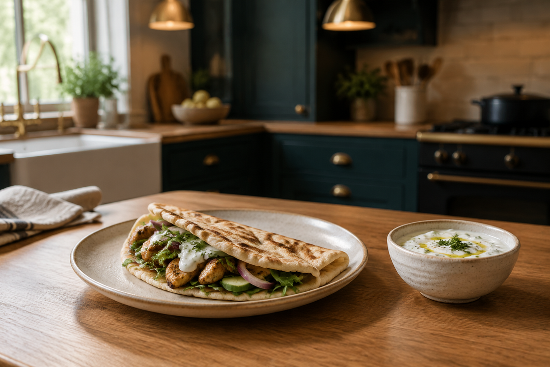 Filled flatbread with salad and white dressing on a ceramic plate, beside a separate bowl of dressing on a timber kitchen bench.