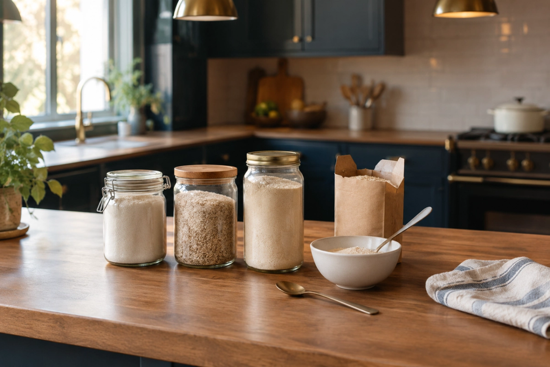 Three plain jars and a small packet of a pantry staple lined up on a timber kitchen bench, one opened beside a white bowl holding a spoonful, in warm low light