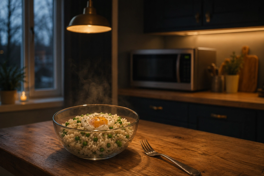 A deep glass bowl of steaming rice with peas and a soft egg on a timber bench, a microwave softly out of focus behind it