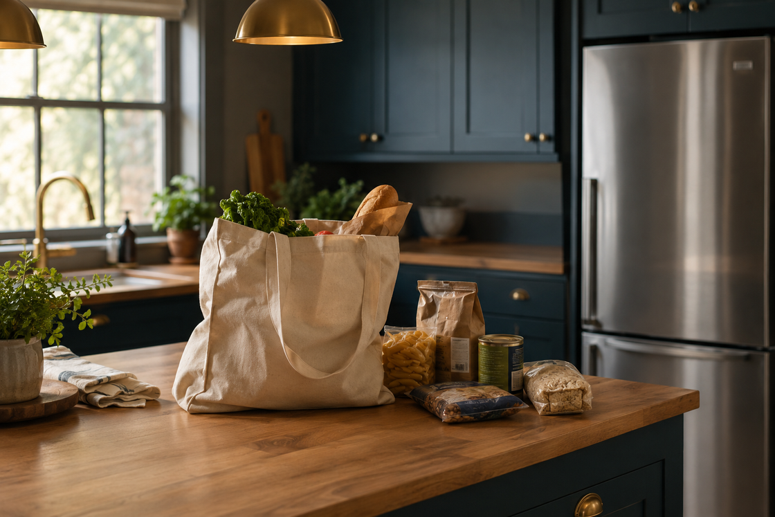 A cloth grocery bag with bread and leafy greens beside pantry packets and a tin on a timber kitchen bench.