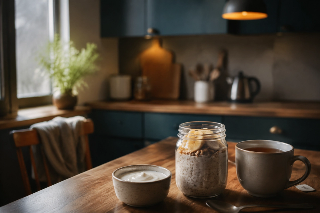 A jar of overnight oats topped with sliced banana, a small bowl of yoghurt and a mug of tea on a timber table in soft early morning light