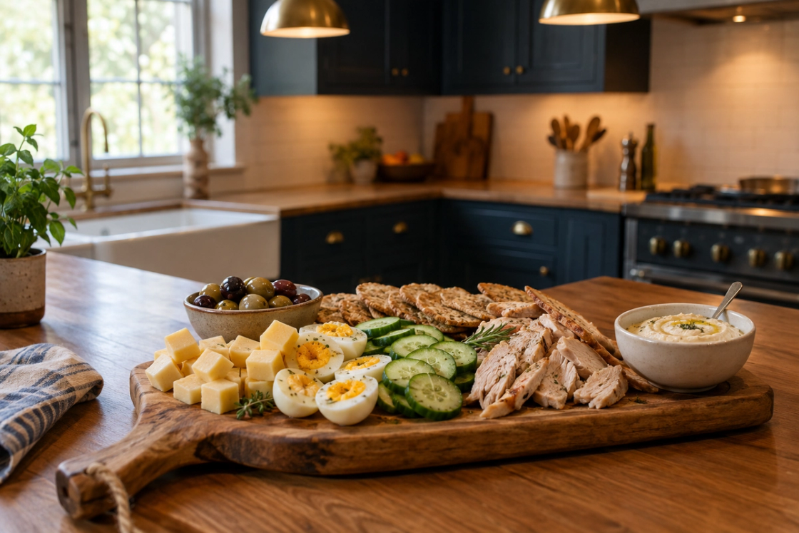 A wooden board of grazing-plate dinner foods on a kitchen counter — cheese, boiled eggs, olives, cucumber, crackers and cold chicken