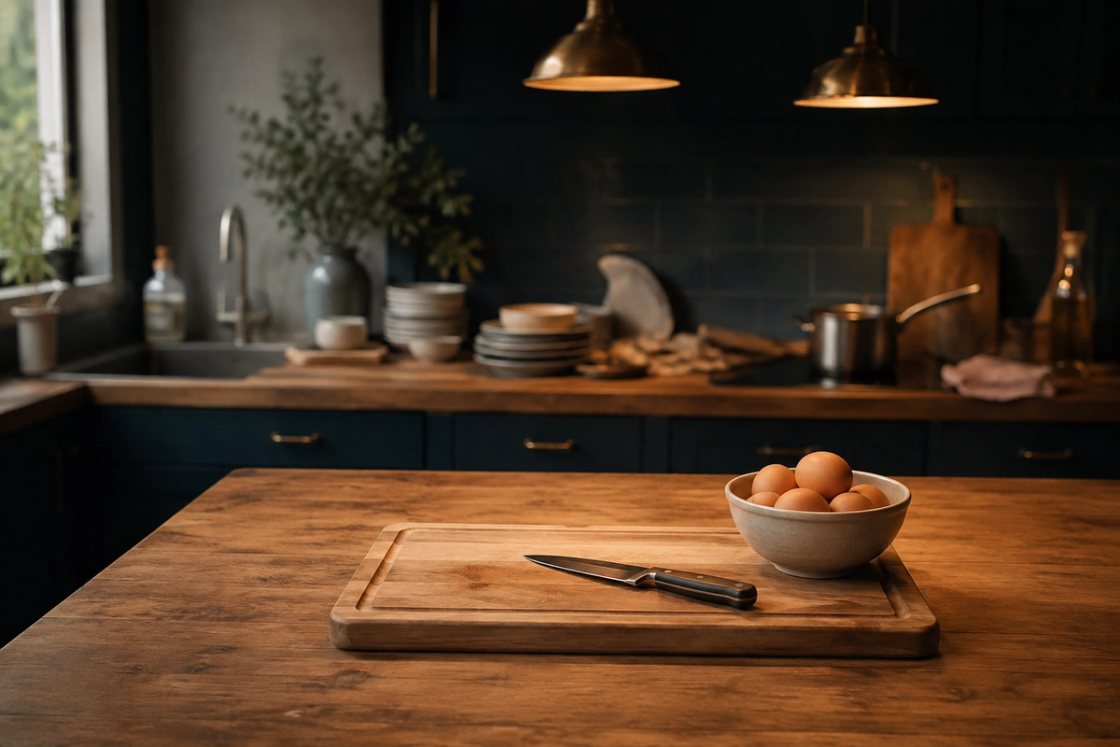 A small cleared square of timber benchtop holding a chopping board, a knife and a bowl of eggs, with used dishes softly out of focus behind