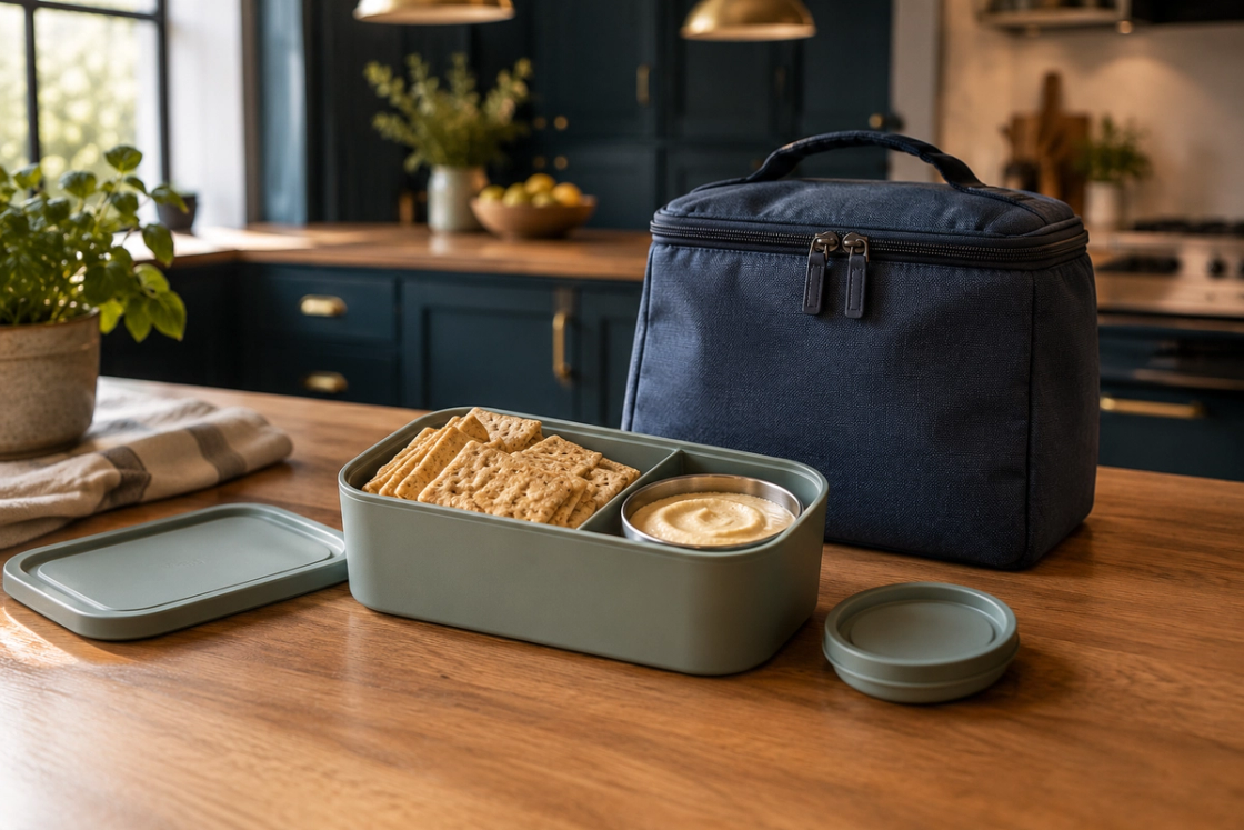 Crackers beside a separate metal pot of dip in an open green lunch box, with both lids on a timber bench and a navy lunch bag behind.