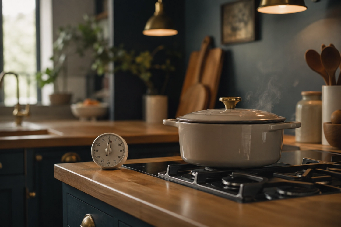 A covered pot resting on a stovetop beside a simple kitchen timer on a timber bench