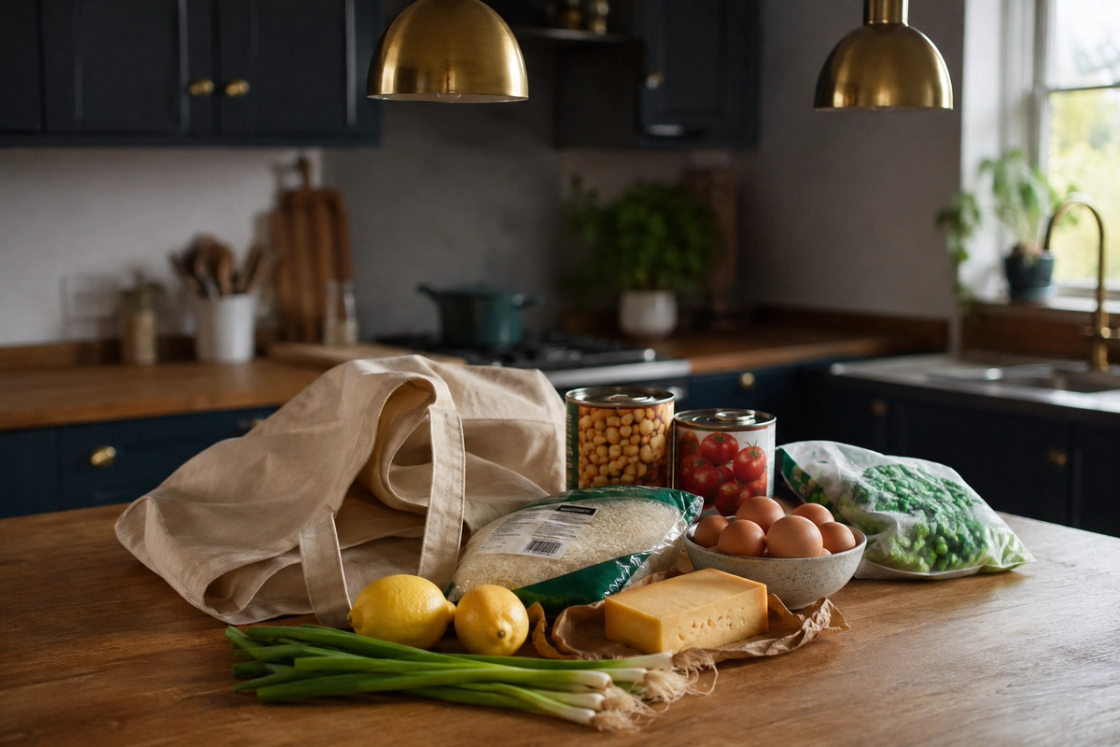 A small haul of budget groceries unpacked on a timber benchtop beside a canvas tote — tinned chickpeas and tomatoes, rice, eggs, cheddar, frozen peas, lemons and spring onions