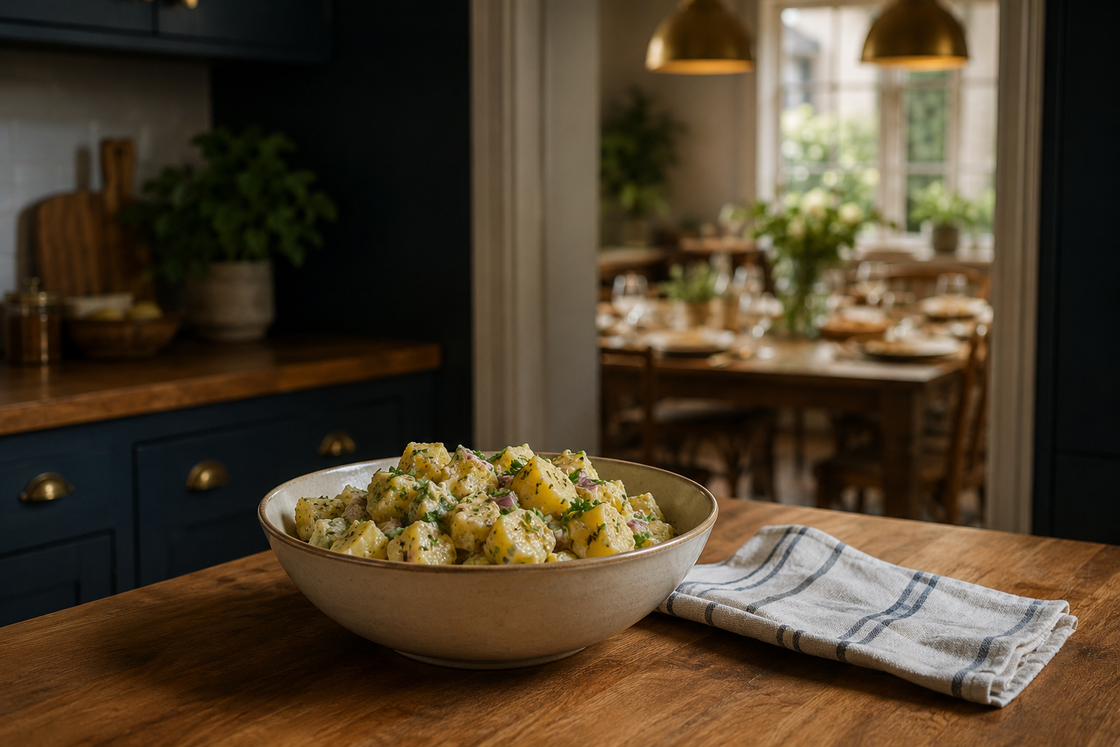 A rustic potato salad in a plain ceramic bowl on a timber bench, with a folded tea towel beside it and a set family table blurred in the background