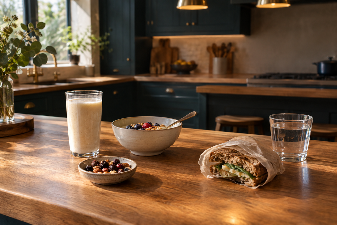 A timber kitchen bench in warm afternoon light holding a glass of pale smoothie, a small bowl of yoghurt, a dish of nuts and dried fruit, and half a wrapped sandwich beside a glass of water
