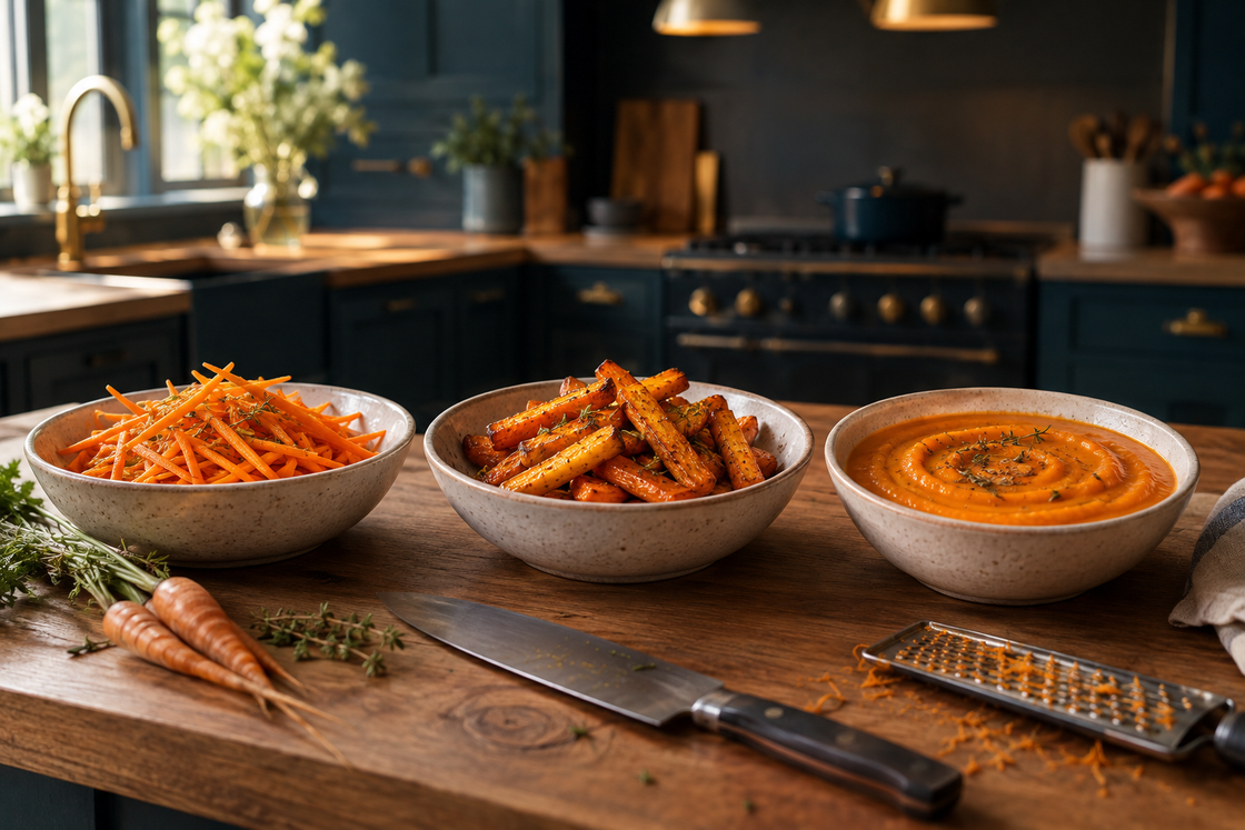 Carrots prepared three ways in ceramic bowls on a timber bench: raw matchsticks, roasted batons and a smooth purée
