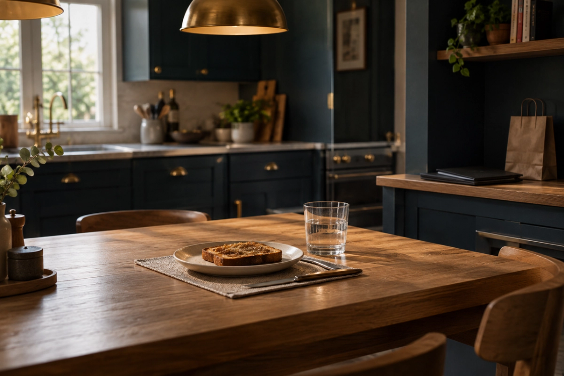 Toast, a glass of water and cutlery on a placemat at a timber table, with folders and a paper bag on a separate shelf.