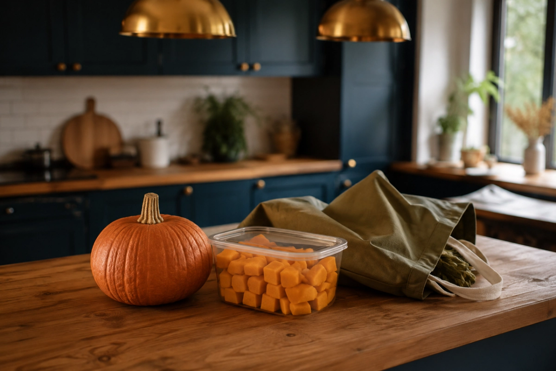 A whole pumpkin beside a clear container of pumpkin pieces and a reusable shopping bag on a timber kitchen bench.