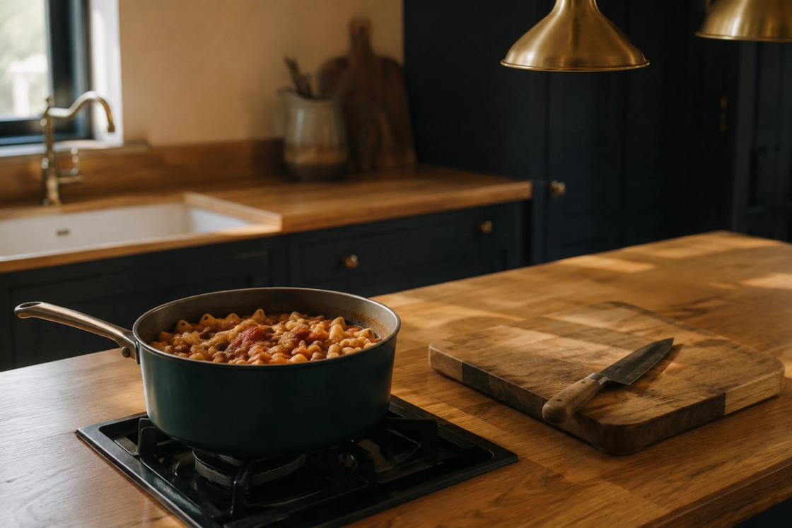 A single deep saucepan of pasta with tomato and white beans on a small stovetop, one knife and a wooden board beside it on an otherwise bare benchtop
