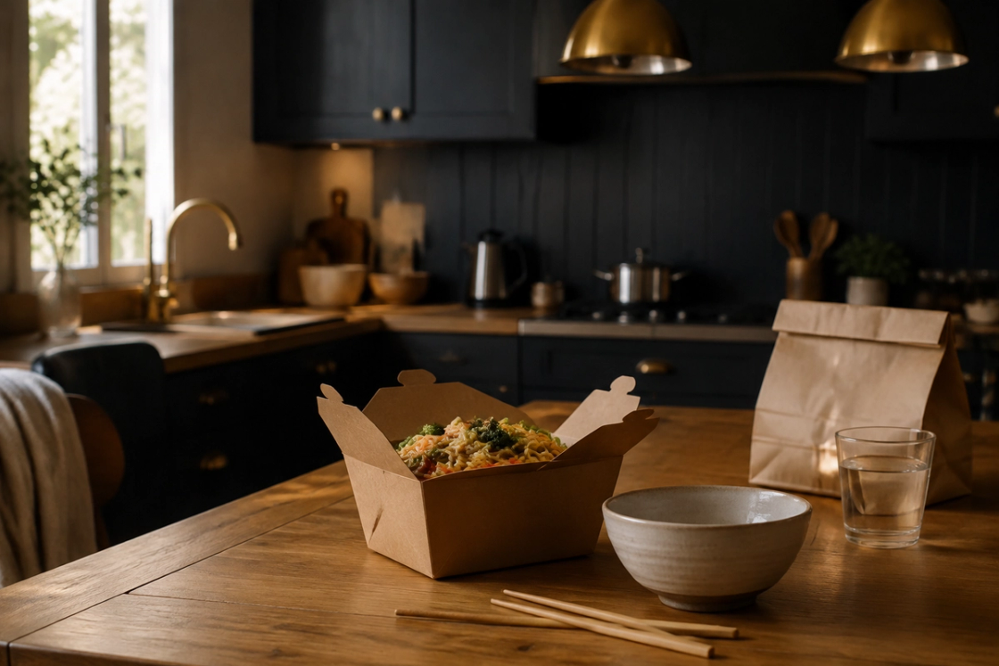 An opened cardboard takeaway container of noodles and vegetables on a timber bench, beside a plain ceramic bowl, chopsticks and a glass of water in a warm, dimly lit kitchen