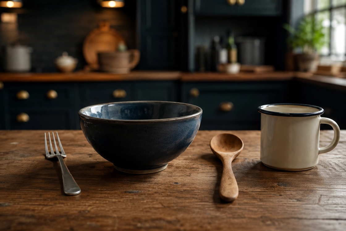 A deep ceramic bowl, a lightweight fork, a wooden spoon and a small enamel mug laid out side by side on a timber kitchen bench in warm low light