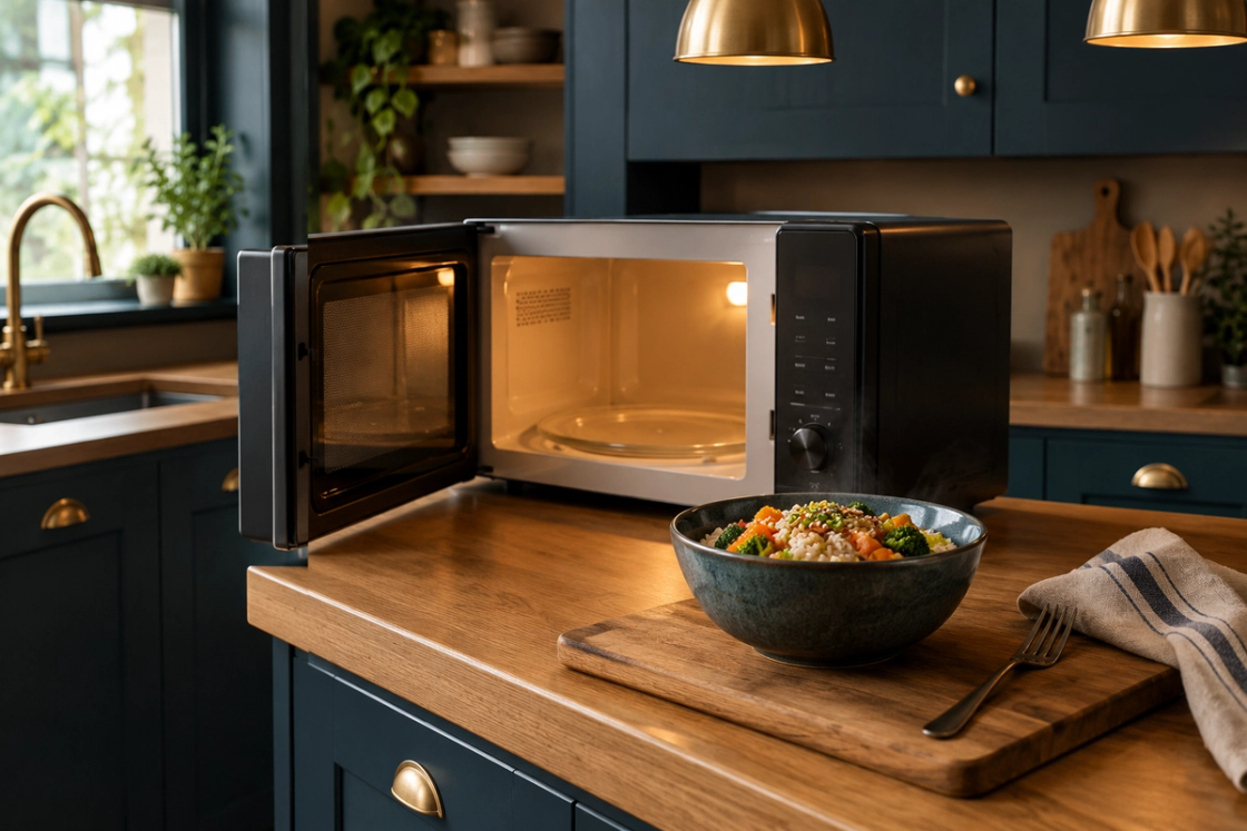 An open countertop microwave in a dark teal kitchen, its interior light glowing, with a deep ceramic bowl of steaming rice and vegetables resting on a timber board beside it