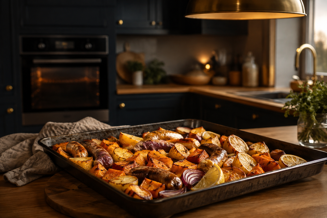 A large baking tray of golden roasted potato, pumpkin and red onion with sausages and lemon wedges, resting on a timber kitchen bench