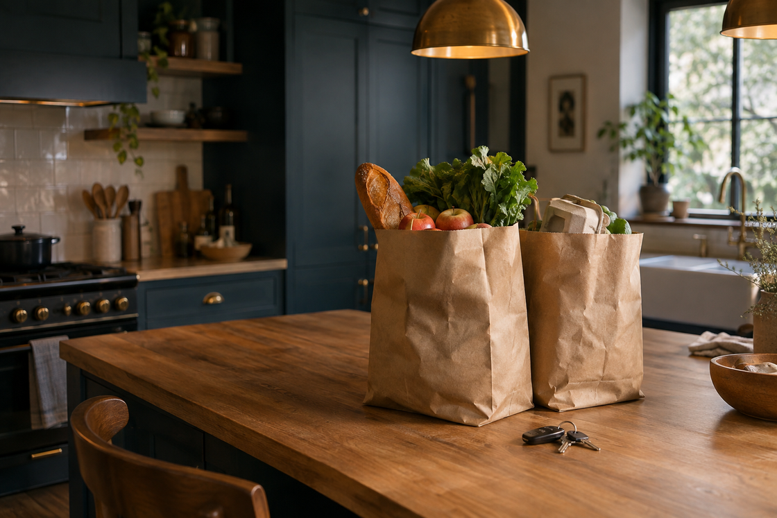 Two paper grocery bags just set down on a timber kitchen bench, still unpacked, with bread, apples and leafy greens visible at the top