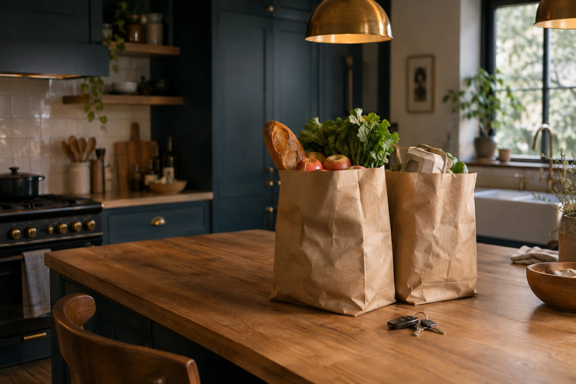 Two paper grocery bags just set down on a timber kitchen bench, still unpacked, with bread, apples and leafy greens visible at the top