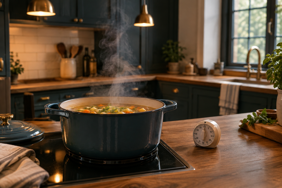 A pot of soup simmering gently on a stovetop in a warm, dark teal kitchen, with a small kitchen timer resting on the timber counter beside it