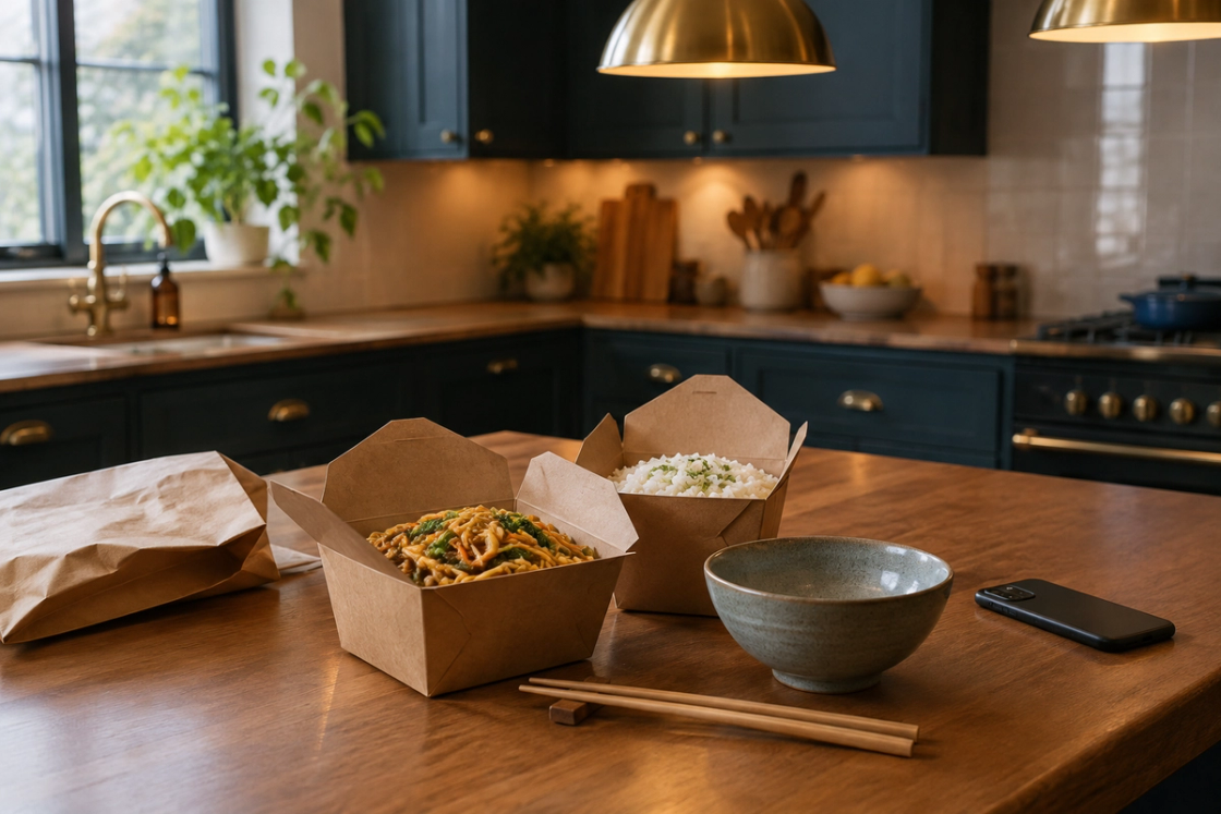 Two cardboard takeaway containers of noodles and rice on a timber bench, with a ceramic bowl, chopsticks, a folded paper bag and a phone