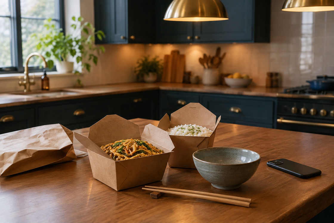 Two cardboard takeaway containers of noodles and rice on a timber bench, with a ceramic bowl, chopsticks, a folded paper bag and a phone