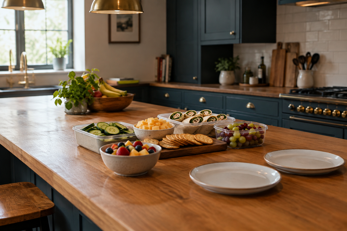 A timber kitchen bench set out as a self-serve lunch station, with small containers of cucumber, cheese cubes, crackers, wraps, berries and grapes beside two empty plates