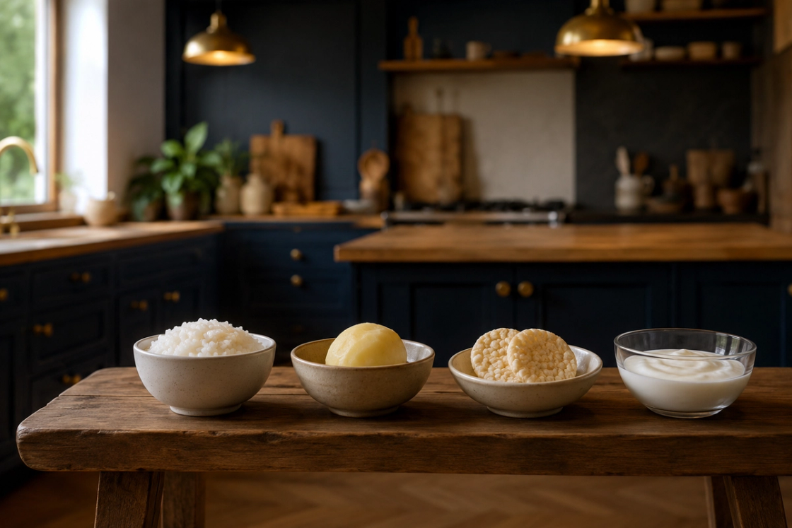 Four plain foods kept separate in their own bowls on a timber bench: steamed white rice, a peeled boiled potato, rice crackers and plain yoghurt