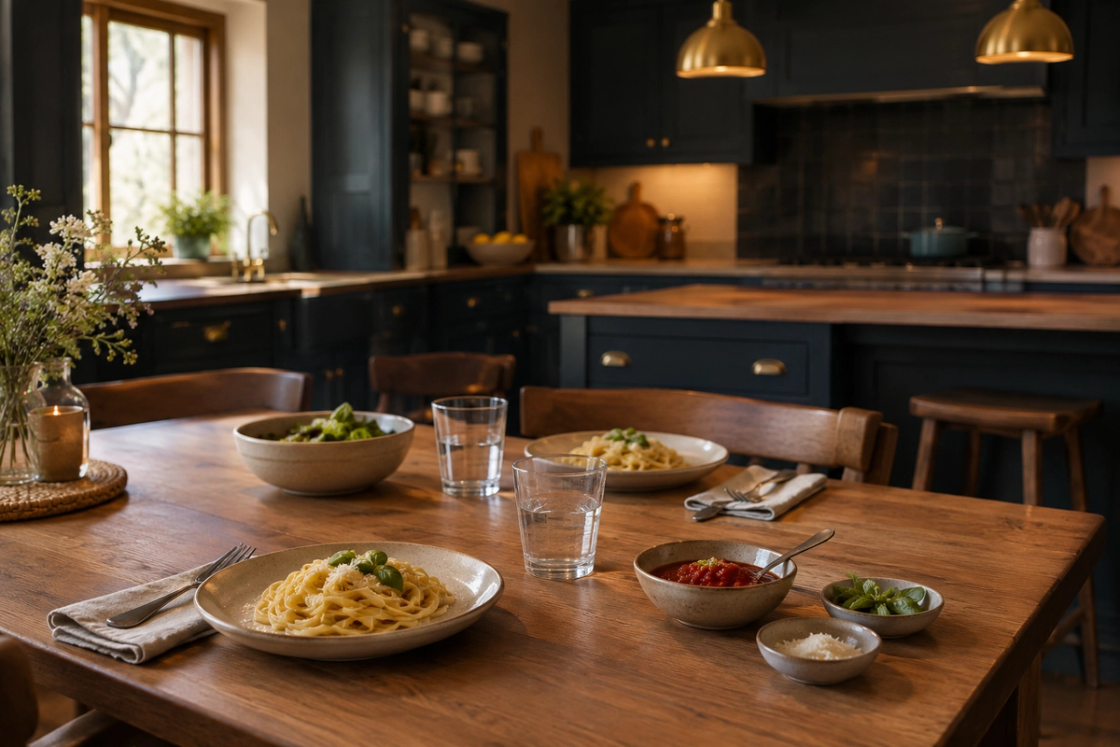 Two plates of pasta on a timber table, with separate bowls of tomato sauce and toppings in a dark teal kitchen.