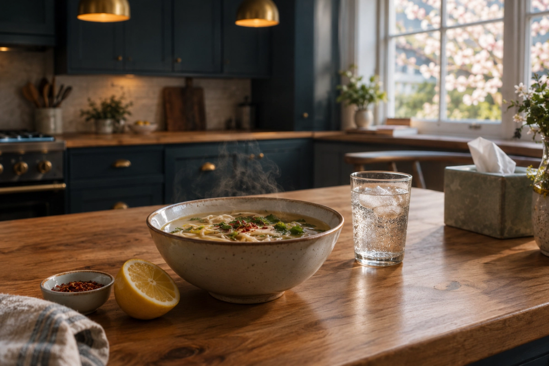 A steaming bowl of brothy noodle soup on a timber bench with a halved lemon, chilli flakes and a glass of iced water, spring blossom visible through the window