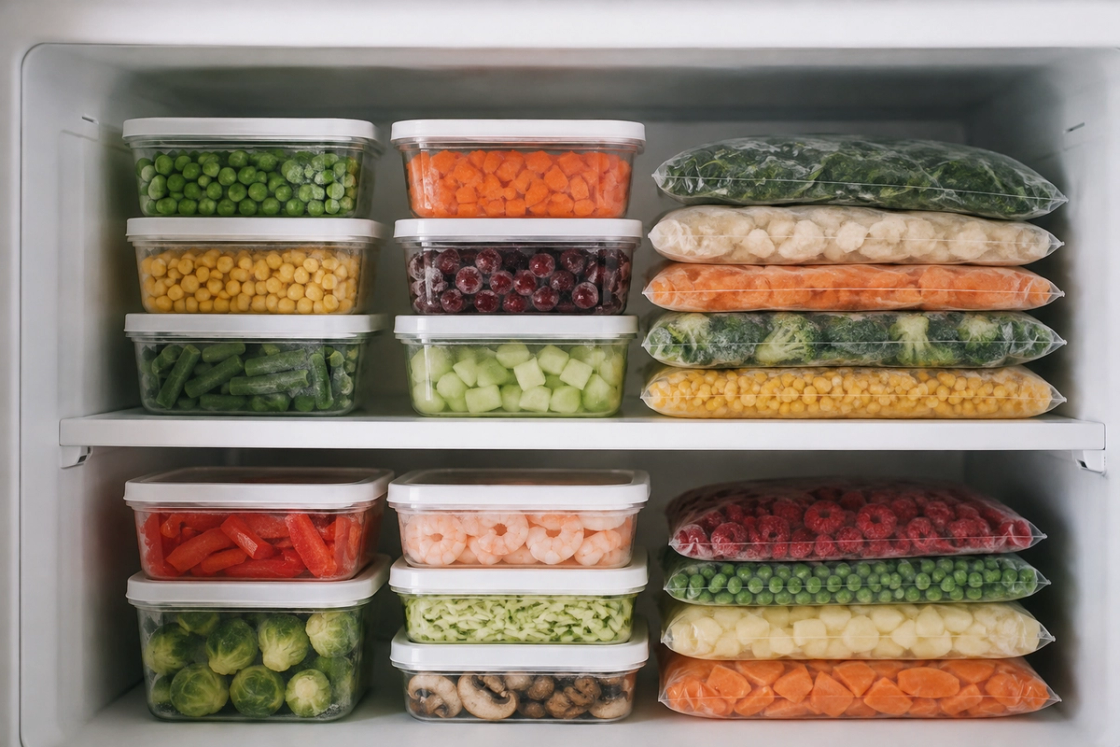 A tidy freezer shelf of small clear portion containers and flat-frozen labelled bags stacked in neat rows