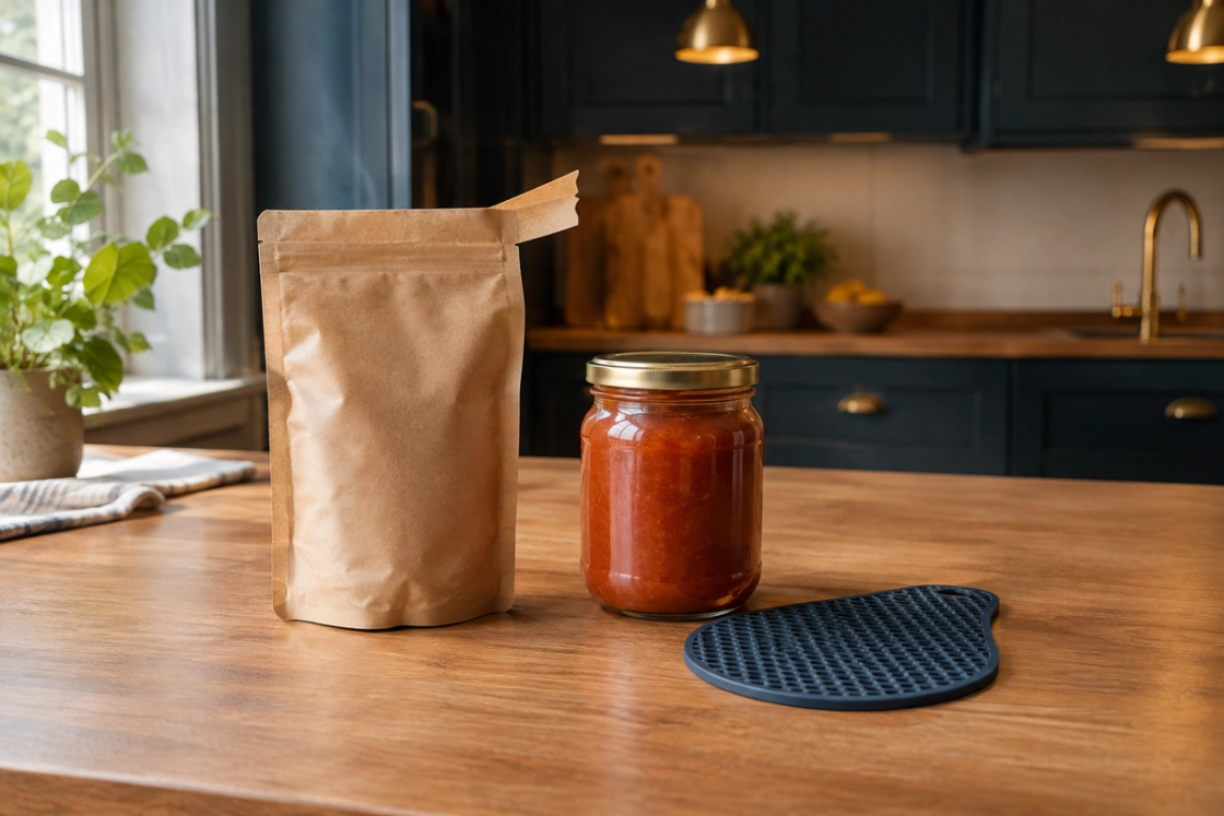 A plain brown pouch, a closed jar of red sauce and a dark blue textured mat on a wooden kitchen bench.