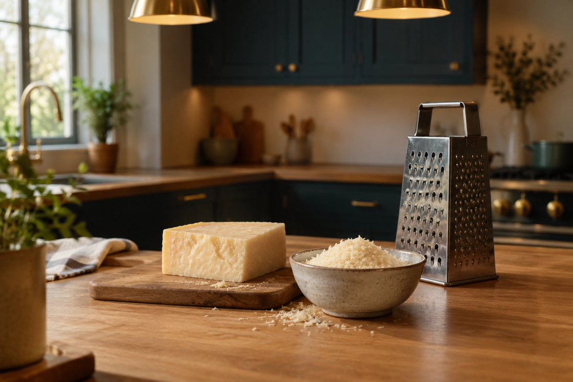 A block of pale cheese on a wooden board beside a ceramic bowl of grated cheese and a metal box grater.