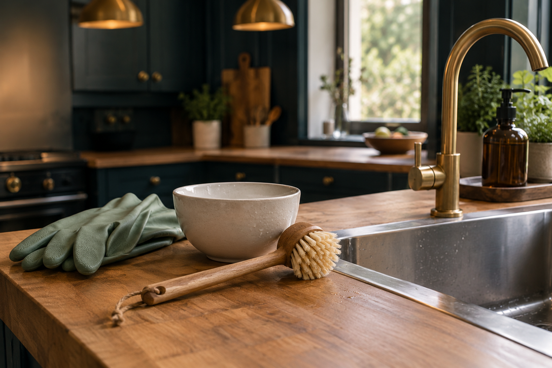 Wooden-handled dish brush, cream ceramic bowl and green washing-up gloves on a timber bench beside a stainless-steel sink.