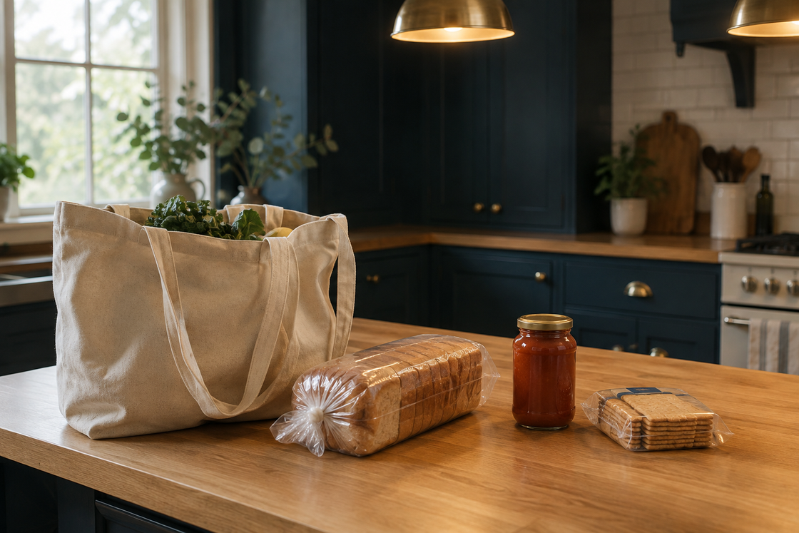 A cloth grocery bag, wrapped sliced bread, a jar of red sauce and crackers on a timber kitchen bench.